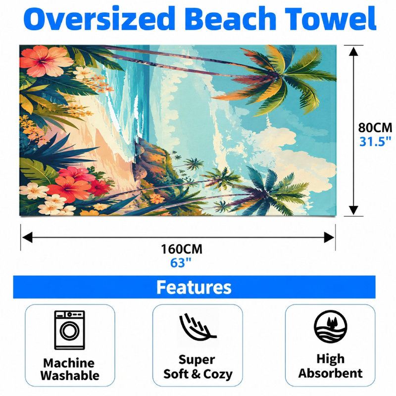 1 serviette de plage tropicale 1PCS, motif floral éclatant, microfibre, parfaite pour les vacances d'été, la natation et les voyages, avec des palmiers dans un paysage océanique