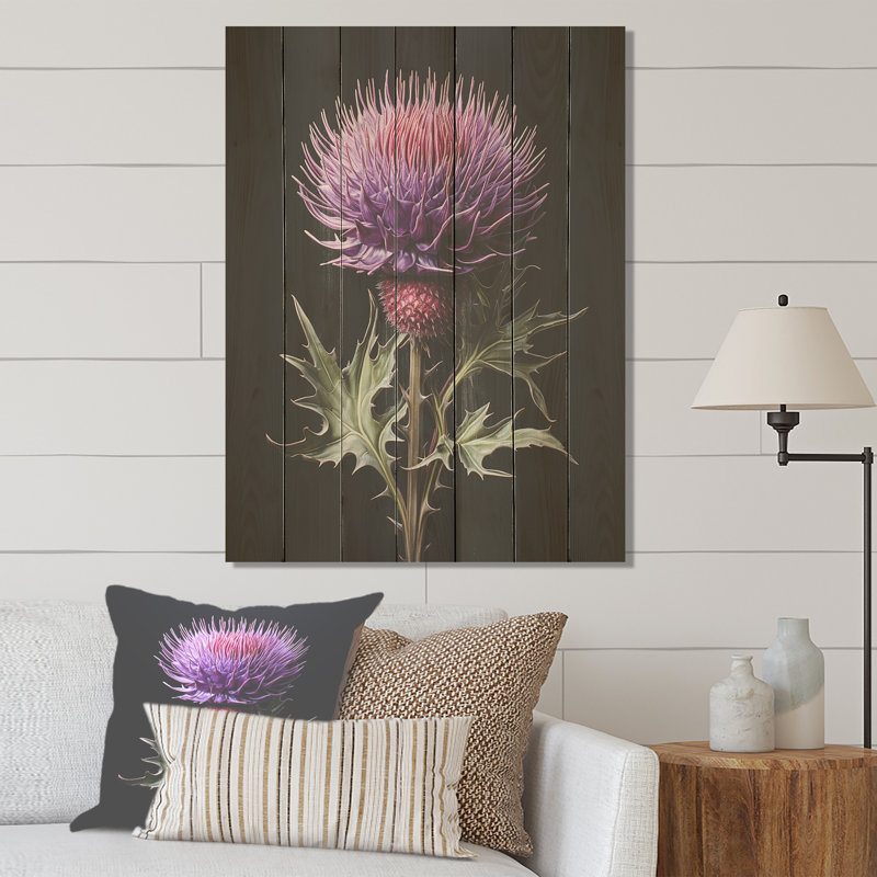Fleurs de chardon mauve et noir II - chardon sur bois, H 44 po x l 34 po