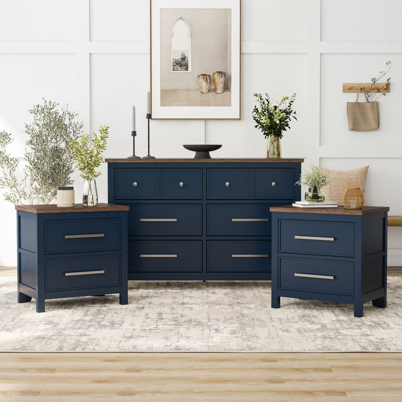 Lonegan 3-Piece Nightstands And Dresser Set, Bleu, Ensemble de trois pièces : deux tables de chevet,