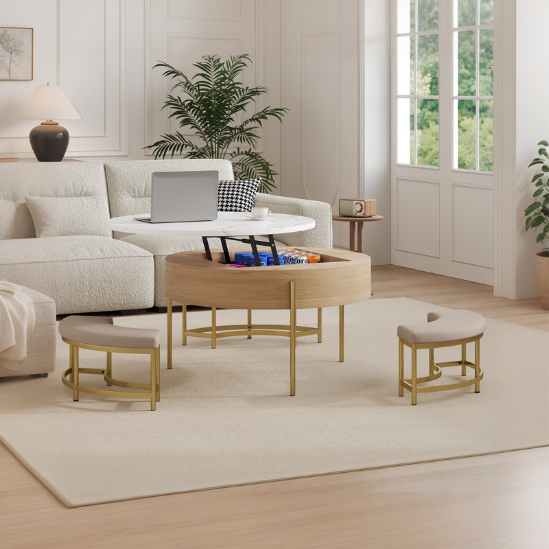 Table basse moderne à plateau relevable avec rangement et 3 tabourets, Beige