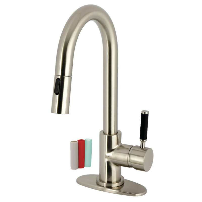 Kingston Brass Kaiser One-Handle 1-Hole Deck Mount Bar Faucet With Pull Down Sprayer, Brushed Nickel