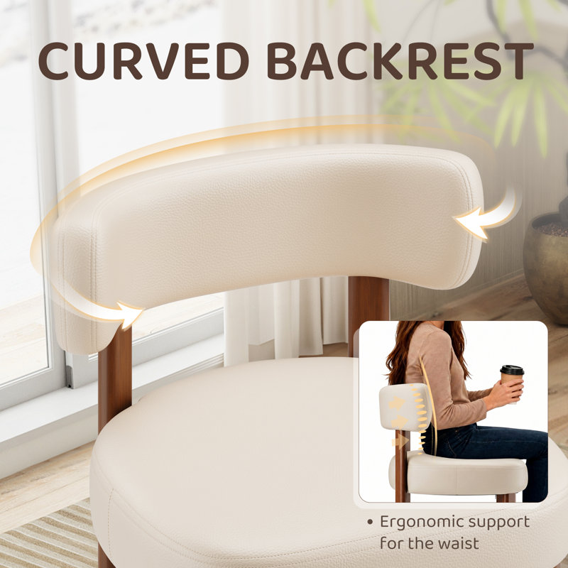 Modern PU Leather Upholstered Side Dining Chair with Curved Back & Solid Wood Legs, Beige