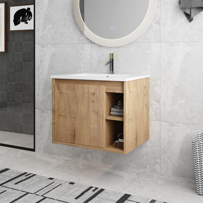 Ehonmwon 24'' Wall Mounted Single Bathroom Vanity with Ceramic Top, Floating Vanity with 1 Door and 1 Shelf