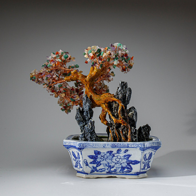 Véritable bonsaï multi-pierres précieuses dans un pot carré en porcelaine (13 po)