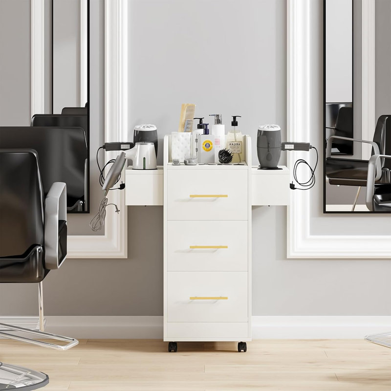 Thame Beauty Salon Station with 3 Drawers, Rolling Station for Hair Stylist, Hair Salon Station Storage Cabinet on Wheels, Wood Stylist Storage Cabinet with 6 Hair Dryer Holders