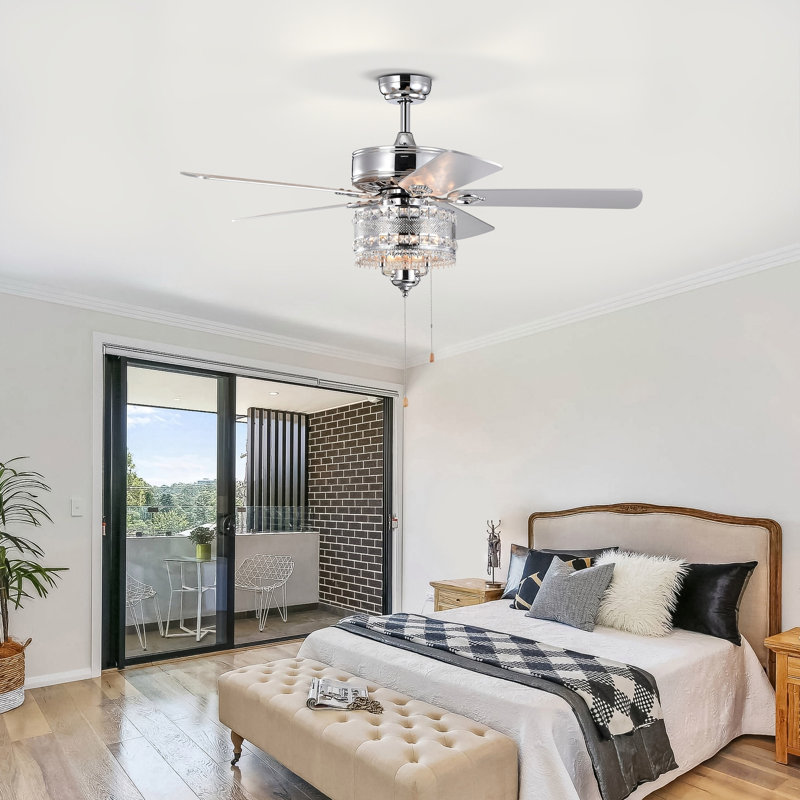52'' Classical Crystal Ceiling Fan Lamp  5 Reversible Blades for Living Room, Dining Room, Bedroom, Family Room, Chrome (Hand Pull Chain)