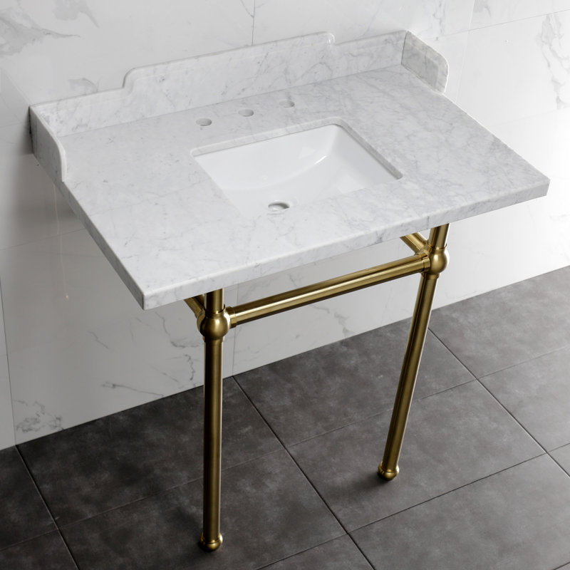Kingston Brass Pemberton 36-Inch Carrara Marble Console Sink with Brass Legs (8-Inch, 3-Hole), Marble White/Brushed Brass
