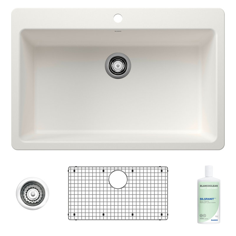 BLANCO 33" Super Single Drop-In/Undermount Silgranit Kitchen Sink With Cleaner, Sink Grid And Basket Strainer In White, White