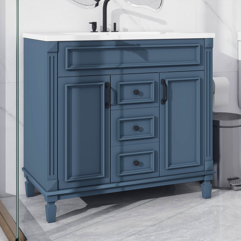 Meuble-lavabo autoportant 36 po avec 2 portes et tiroirs à fermeture en douceur, Bleu, Noir