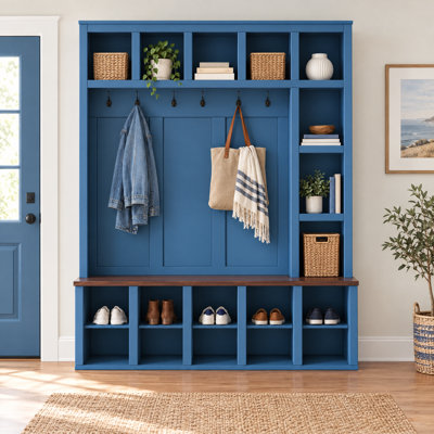 Hall Tree with Bench and Shoe Storage, Entryway Coat Rack with 6 Hooks & Open Shelves
