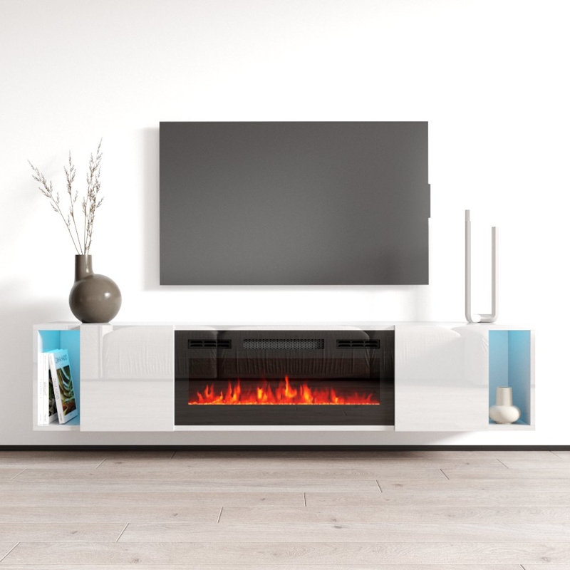 Meuble télé serré avec foyer électrique Serrel, Blanc foncé