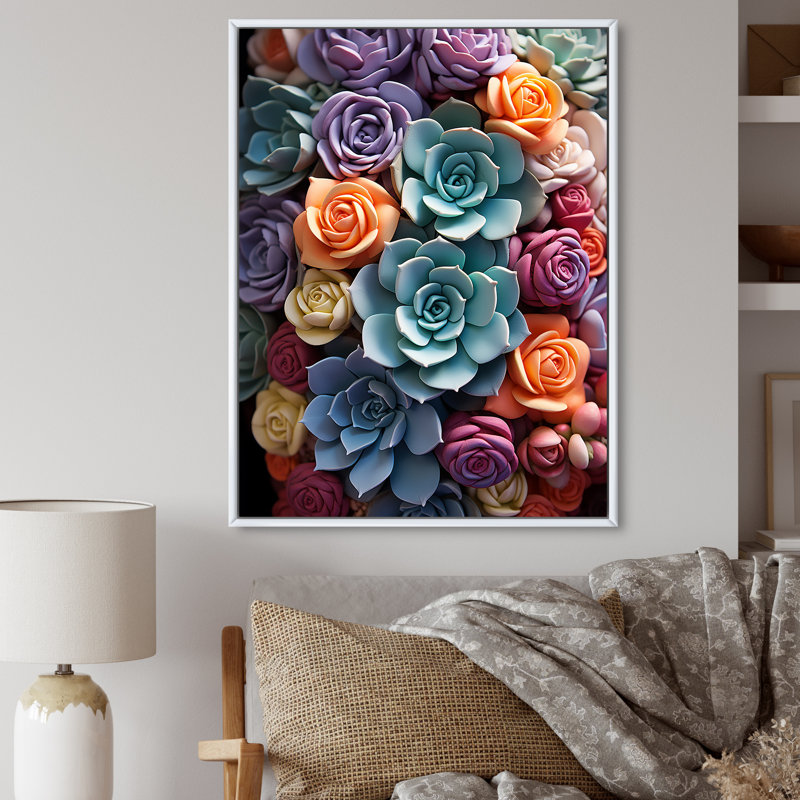 «Talum Blue Yellow Succulents Delight», reproduction sur toile, Cadre flottant blanc, H 40 po x l 30 po x P 1,5 po