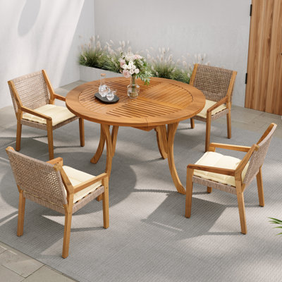 Shoreline Modern Coastal Acacia Wood Patio Dining Set With PE Wicker Chairs And Cushions by Rosecliff Heights