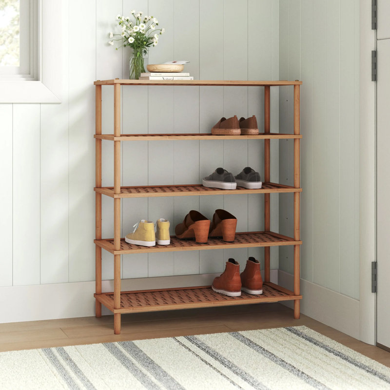 Lightweight Bamboo 5-Tier Shoe Rack with Basket Weave Shelves