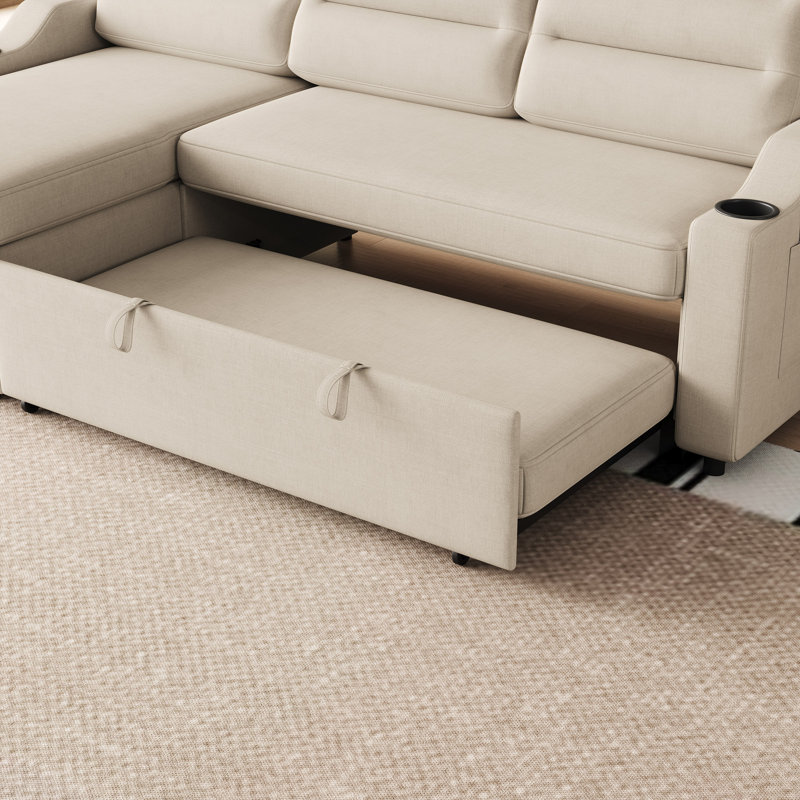 Convertible Sleeper Combo Sofa, Convertible Sofa Bed Polyester Pullout Bed With Storage Recliner And Cup Holder For Living Room, Tight Spaces