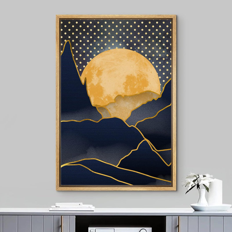 Soleil et lune, or, pleine lune, sur des chaînes de montagnes foncées, paysage abstrait, illustrations, rustique moderne