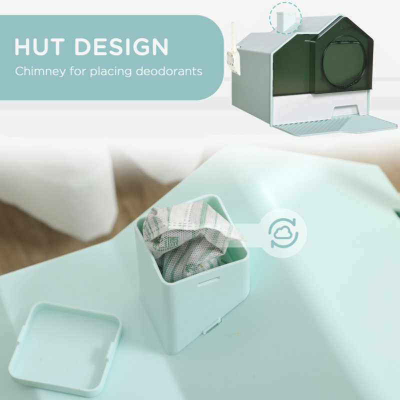 Light Blue House Shape Hooded Cat Litter Box with Drawer