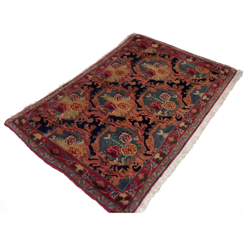 Tapis oriental bleu / rouge en coton et laine 1 pi 7 po x 2 pi 5 po Rhandy