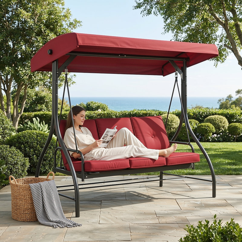 Balancelle d'extérieur pour 3 personnes avec auvent et support réglables, balançoire convertible en lit plat 2 en 1, banc de balançoire de patio avec coussins épais, structure en acier robuste, résistante aux intempéries, pour jardin, cour, terrasse