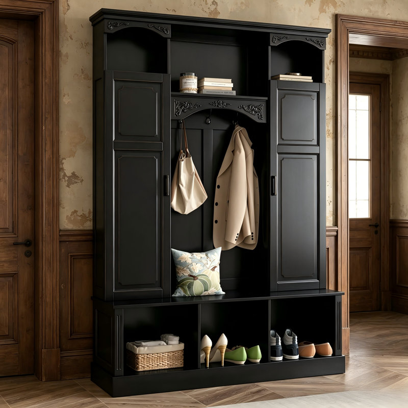 All-In-One Black Entryway Storage Unit: Arched Storage Bench With 7 Hooks And Adjustable Shelving In Side Cabinets, Black