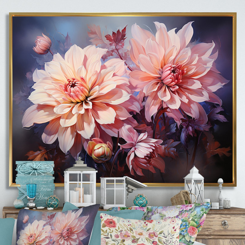 Impression romantique sur toile Dahlia rose IV, H 34 po x l 44 po x P 1,5 po, Cadre flottant doré