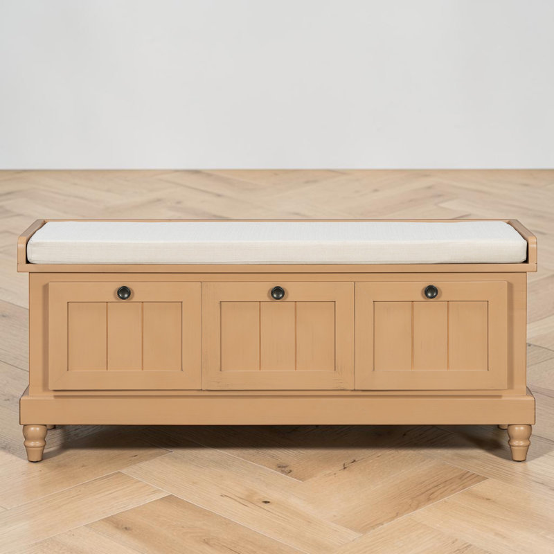 Lift-Top Storage Bench With Cushion and 3 Drawers, Natural