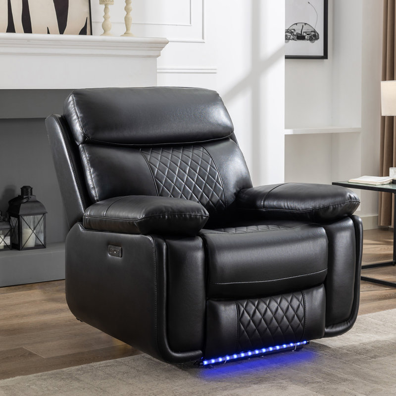 Heaney 40.1" Wide Faux Leather Power Home Theater Recliner, Black Faux Leather
