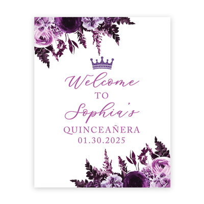 Grande enseigne de bienvenue personnalisée Quinceañera, fleurs mauves avec couronne, décorations de coing, paquet de 16 po x 20 po