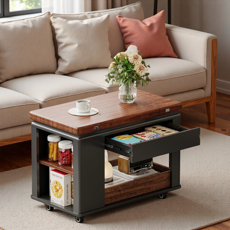 Modern Multi-function Coffee Table With Foldable Top, Casters And Multi-tier Storage, Black