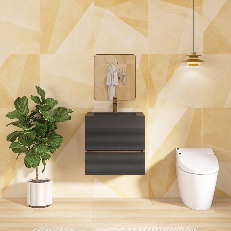 24'' Wall Mounted Single Sink Bathroom Vanity With Quartz Top, Black/Brown, 24"