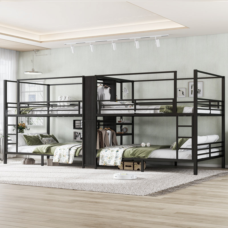 Lit superposé quadruple en métal noir avec rangement, peu encombrant et support robuste