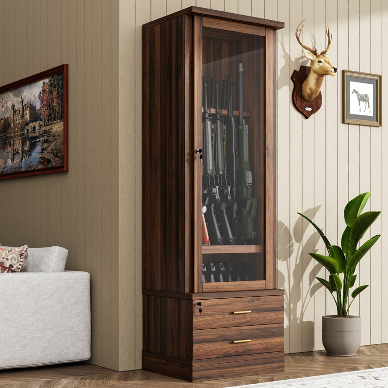 71.1" Tall Wooden Gun Cabinet with Lock, Glass Door & Storage Drawers