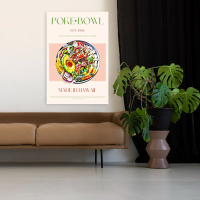 «Fresh Hawaiian Poke Bowl», art contemporain de poissons tropicaux colorés, architecture tropicale