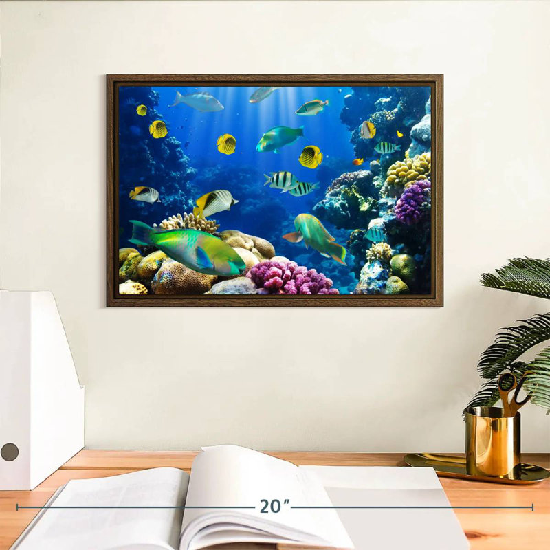 Underwater Sea Creatures, 13" X 9", Floating Frame Walnut