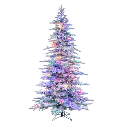 Vickerman 6.5' x 50" Flocked Winter Fir Artificial Pre-Lit Christmas Tree with 49 LED C7 and 600 Multi-Color LED Italian Lights, Power Pole, 940 Realistic Flocked PVC Tips, Power Pole and 6' Step On/Off Foot Switch Power Cord.