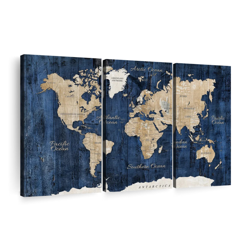 Carte du monde en bois texturé sur toile, ensemble de 3 pièces, H 24 po x l 38 po x P 1,25 po