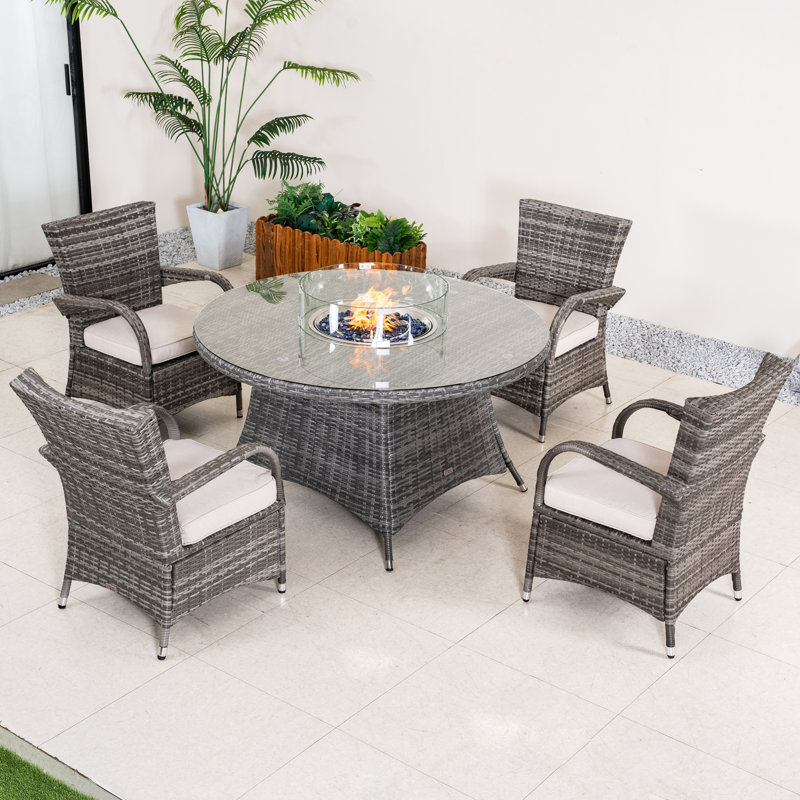 Ensemble de salle à manger pour 4 personnes avec table de foyer en osier, coussins inclus, Coussin blanc / cadre gris