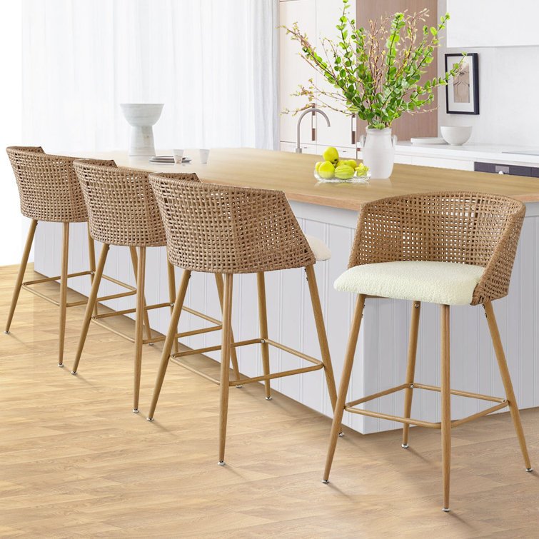 Bhagirath Set of 4 Rattan 27" Upholstered Boucle Full Back Arm Counter Stool