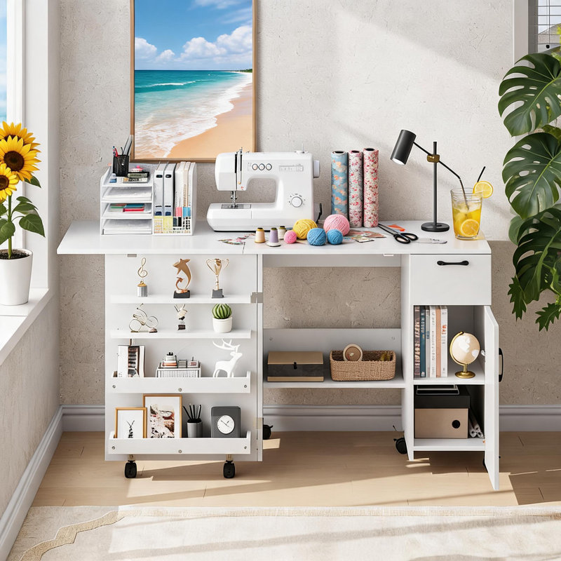 Table de couture pliante avec rangement, table de machine à coudre avec tiroir coulissant et armoire, poste de travail polyvalent avec roues verrouillables et tablettes réglables pour la maison