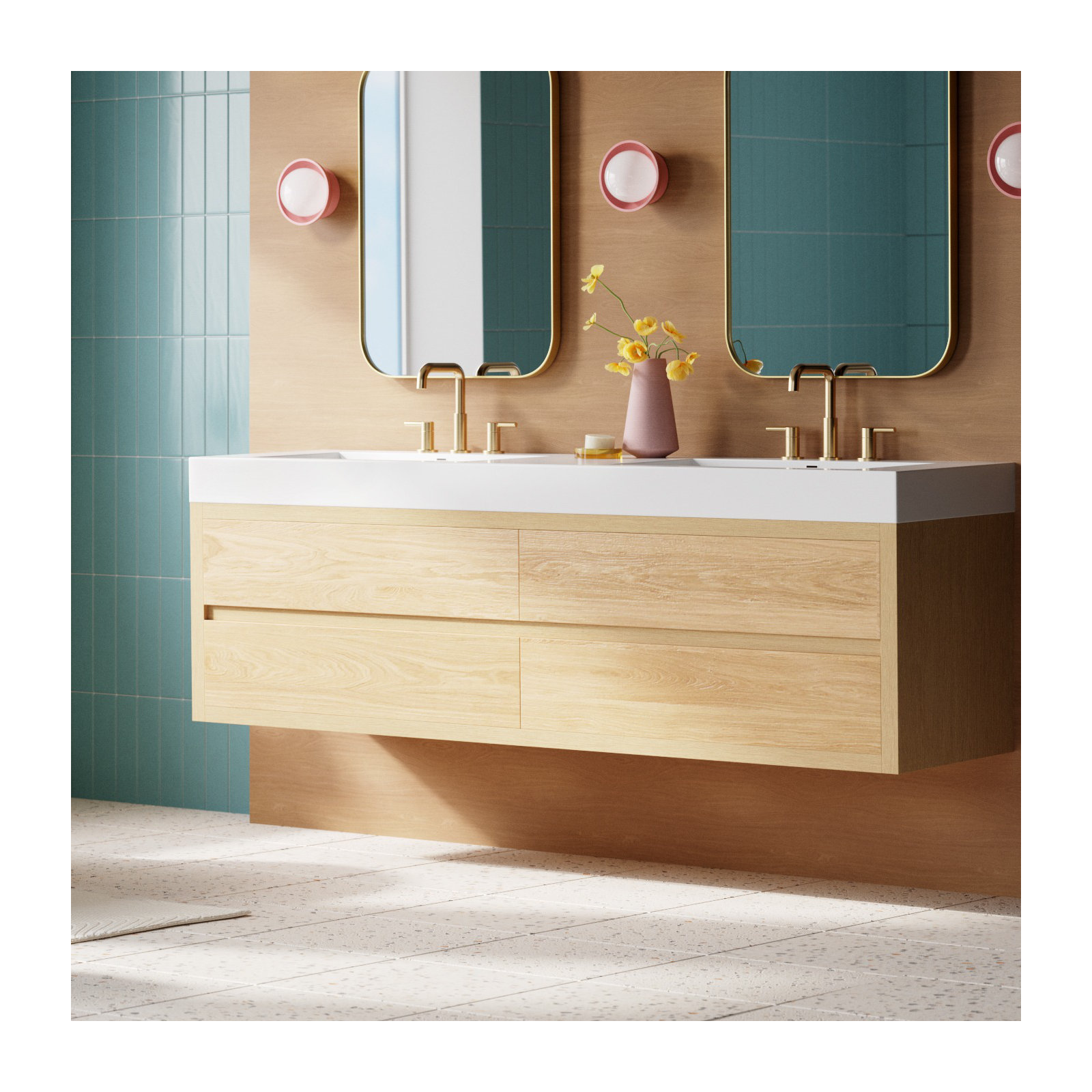Vali 71.7'' Double Bathroom Vanity, North American Oak Finish/White Top 