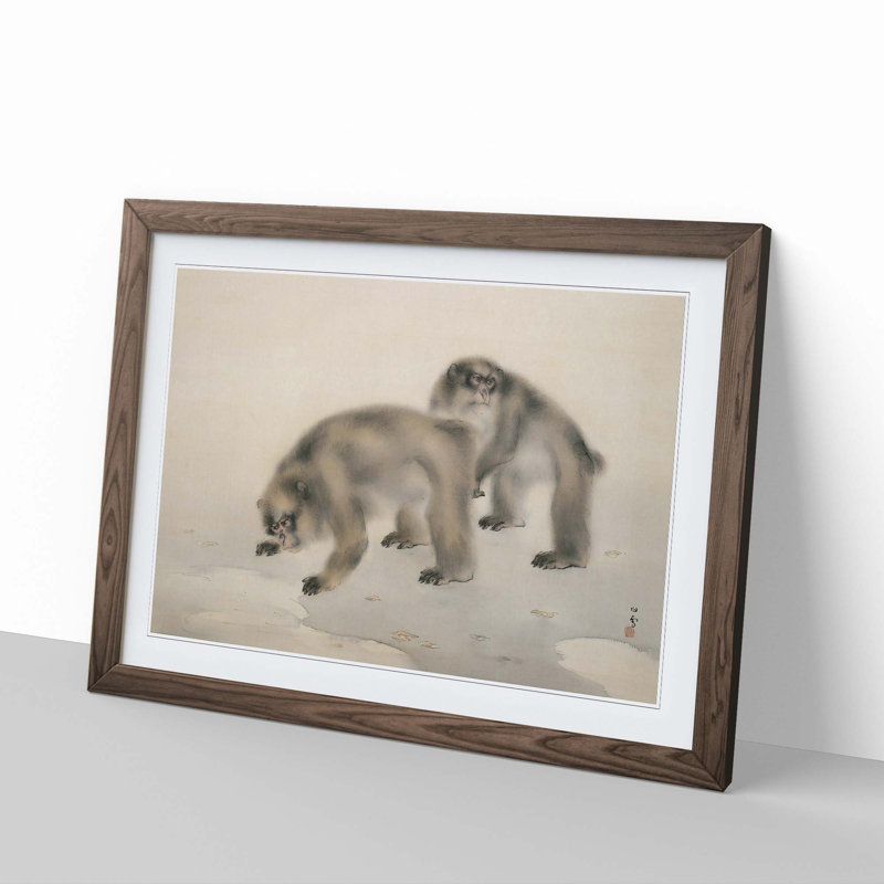 Two Monkeys by Kansetsu Hashimoto - Picture Frame Painting Print, 27cm H x 36cm W x 2cm D, Walnut Framed