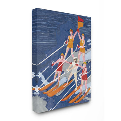 Retro Waterski Team Aerobic Pyramid Watercolor Painting Stretched Canvas Wall Art by Stellar Design Studio