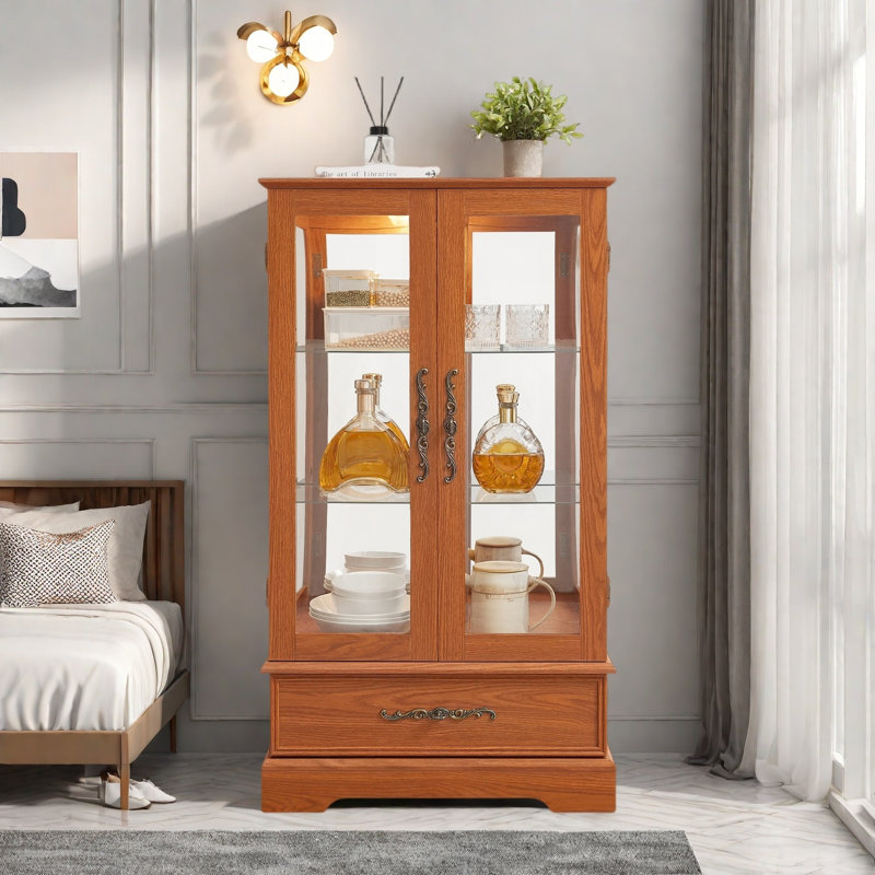Élégante vitrine vitrée lumineuse avec tablettes réglables, 2 portes, 1 tiroir et ampoule, Chêne foncé, Yes
