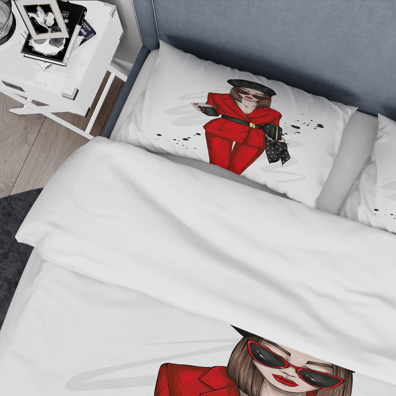 Beautiful And Stylish Girl In Red III - Ensemble de housse de couette moderne - Microfibre de polyester