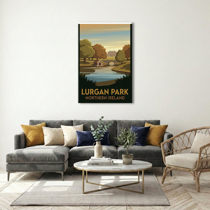 Lurgan Park, Northern Ireland - Romantic Travel Poster Of Parkland, Lake And Bridge. Giclee Print On Wrapped Canvas. Wall Art, Home Decor - Parks & Gardens, Northern Ireland - Wrapped Canvas Print