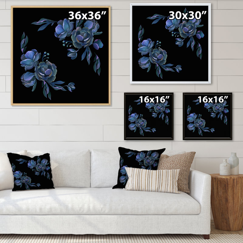 Bouquet de fleurs grises et bleues, feuilles sur fond noir - impression traditionnelle sur bois, H 36 po x l 36 po x P 1 po