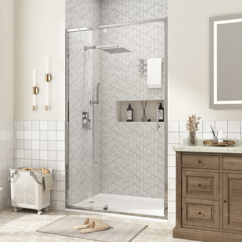 Porte de douche pivotante encadrée en chrome de 38 à 42 po x H 71 po avec verre trempé transparent de 1/4 po, film anti-éclatement et revêtement facile à nettoyer