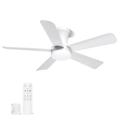 Flush Mount Low Profile Ceiling Fan with Light and Remote, 42 Inch | Modern 5-Blade, 8 Speeds, 3CCT, Timer, Reversible, Quiet, LED, For Bedroom, Living Room, Indoor/Outdoor Patio Use, White