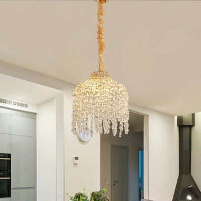 Modern Waterfall Crystal Chandelier 5-Light Gold Circle Pendant Light with Adjustable Length Dimmable for Dining Room Foyer Kitchen Island