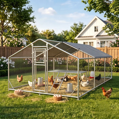 Grand poulailler en métal, poulailler Walk In, poulailler à double porte avec dispositif d'escalade perchoir et housse imperméable et résistante aux rayons UV, pour 40 poules